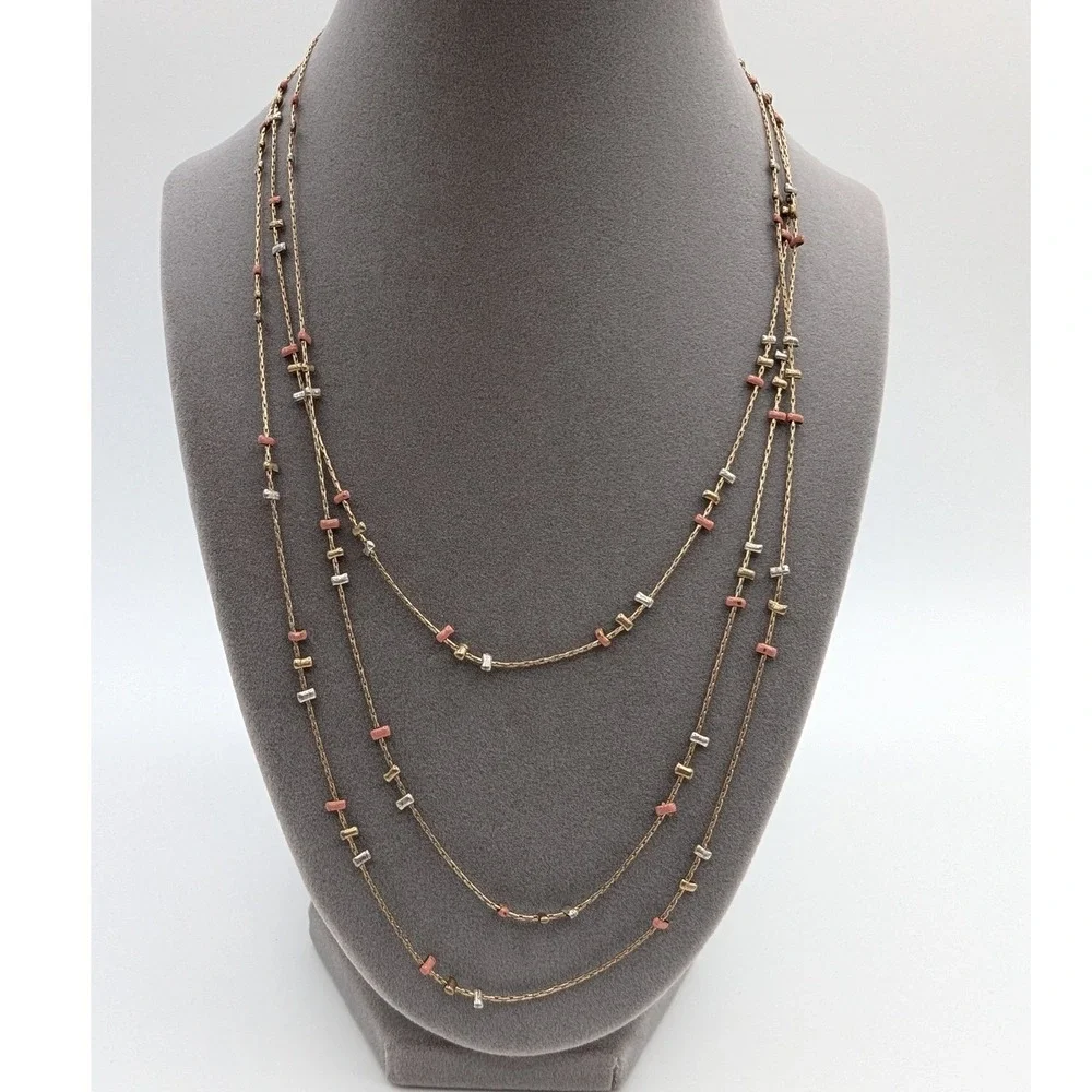Triple Strand Layered‎ Necklace Gold Silver Coral Pink Bar Bead Long Chain